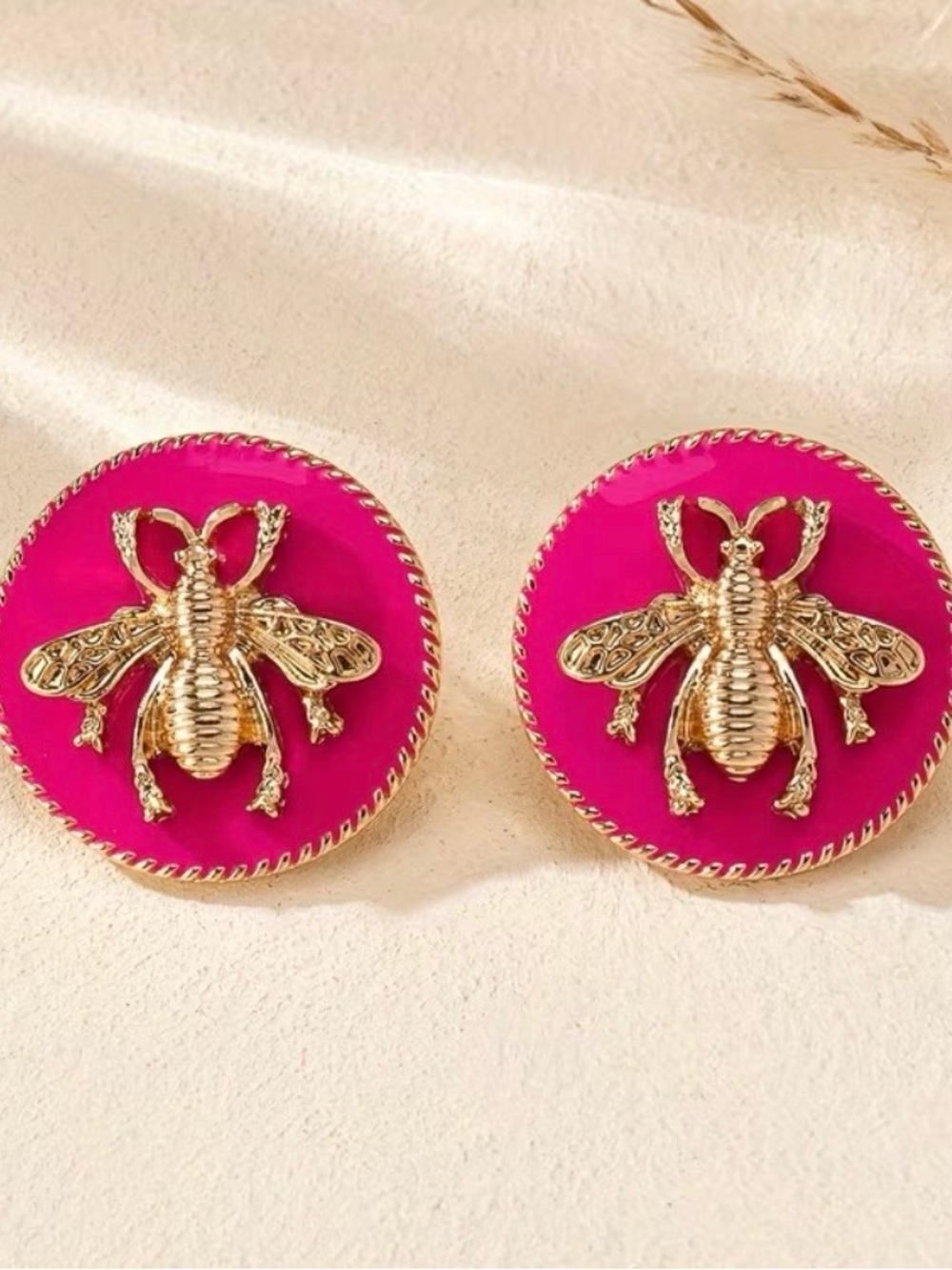 Gold Bee Hot Pink Statement Earrings - Women Accessories